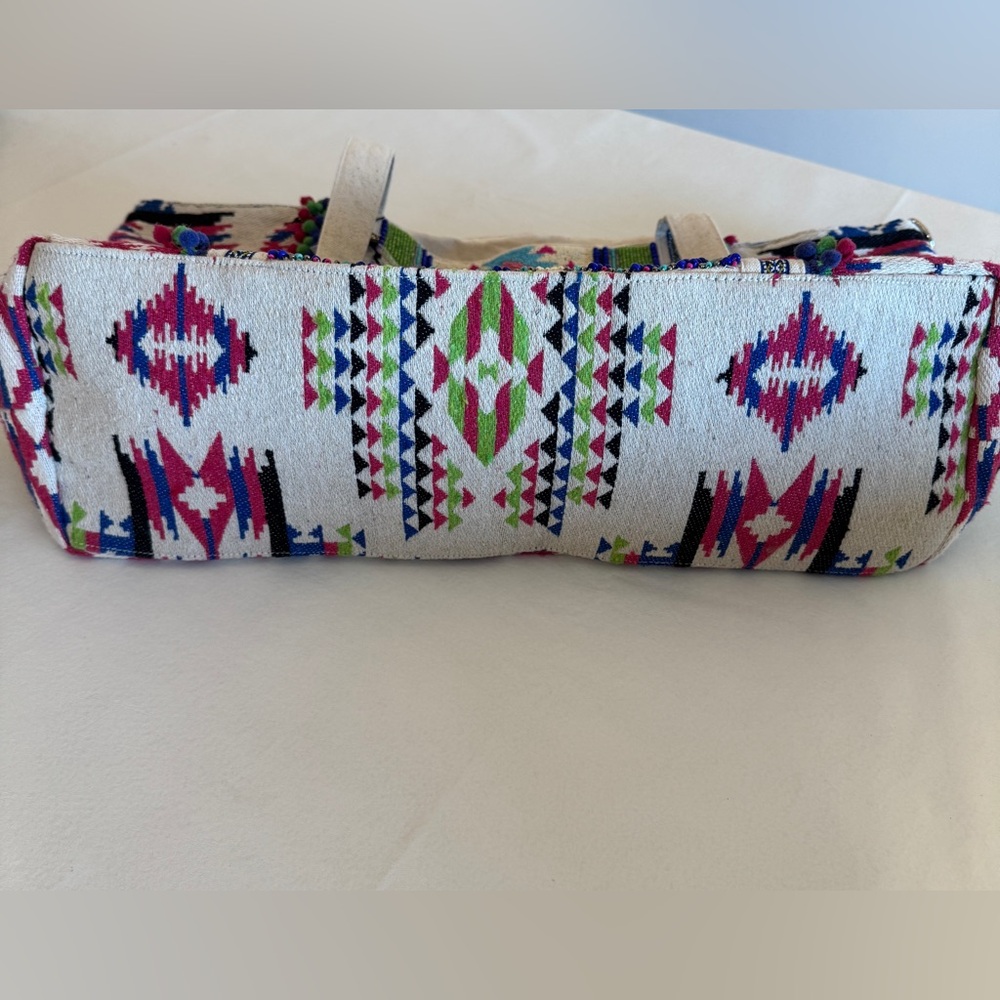 America & Beyond Hand Beaded Boho Tote Bag NWT Tribal Pom Pom Large Weekender - Picture 9 of 16